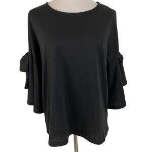 Pleione Womens Blouse Top Size Medium Tie Sleeves Solid Black 3/4 Bell Sleeves